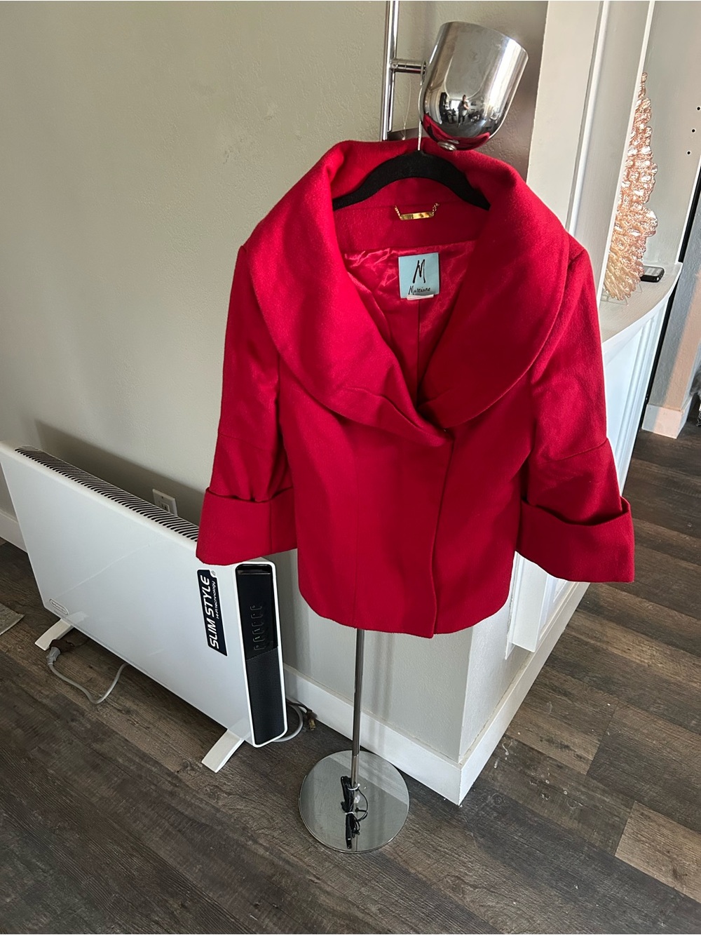 Marciano Bright Red Wool/Cashmere Blend Short Pea Coat with Shawl Collar